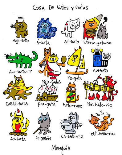 Cartoon: gatos y gatas (medium) by Munguia tagged cats,gatos,gatas,word,play,game,sufijos,munguia,kitty