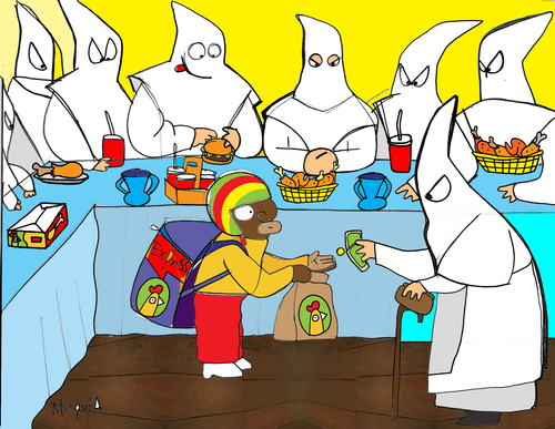 Cartoon: KKKfc express (medium) by Munguia tagged race,monks,bishop,zurbaran,monjes,blancos,white,fried,chicken,fast,food,express