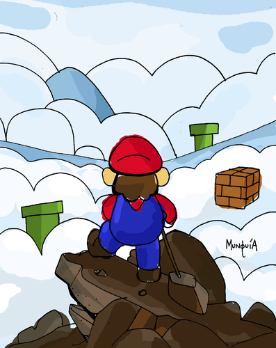 Cartoon: Mario above the Sea of Fog (medium) by Munguia tagged caspar,david,friedrich,wanderer,above,the,sea,of,fog,parody,mario,bros,video,game