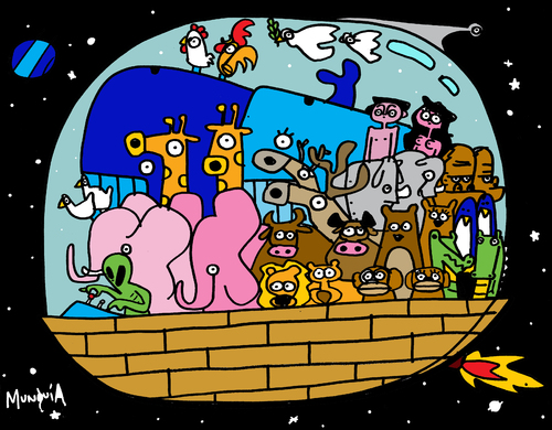 Cartoon: Noahs UFO (medium) by Munguia tagged noah,ufo,ark,universal,diluvio,munguia,animals,animales