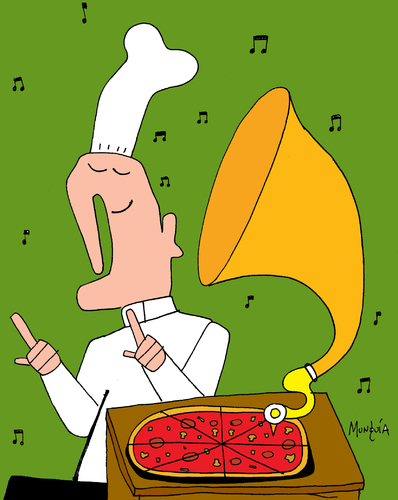Cartoon: PhonoPizzaGraph (medium) by Munguia tagged pizzapitch,chef,pizza,phonograph,music,disc,munguia,costa,rica,humour,humor