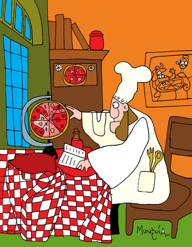 Cartoon: pizza all over the world (medium) by Munguia tagged pizzapitch,vermeer,astronomer,astro,world,pizza,all,over,chef,kitchen,planet
