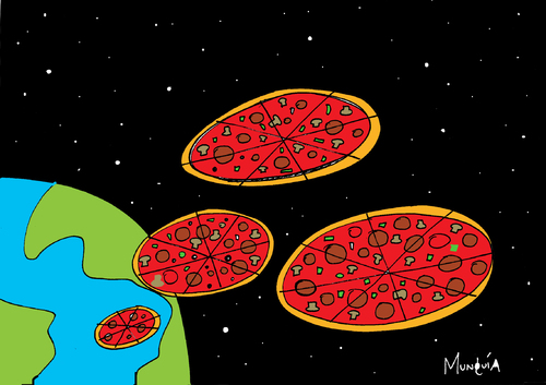 Cartoon: pizza invasion (medium) by Munguia tagged pizzapitch,space,ufo,aliens,fast,food,munguia,costa,rica,cartoon