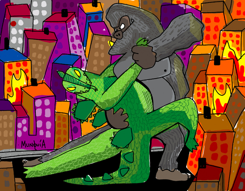 Cartoon: Tango Tango (medium) by Munguia tagged tango,munguia,king,kong,godzilla,monster,argentina,japon,eua,usa,costa,rica,calcamunguias,movies,pictures,hollywood,city,cities