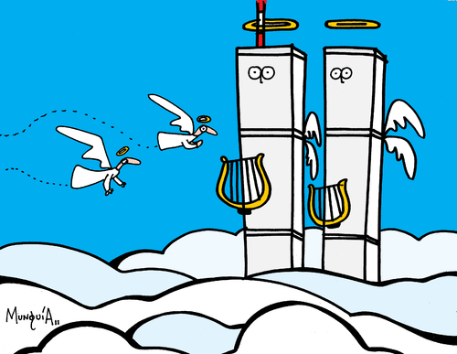 Cartoon: Twin Towers in heaven (medium) by Munguia tagged september11,911,twin,towers,new,york,terror,usa,2001,heaven,angels,death