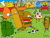 Cartoon: FoodBall (small) by Munguia tagged food,fast,soccer,football,munguia,costa,rica,hot,dog,hamburguer,pizza,tamal,onion,rings,aros,de,cebolla,french,fries,hamburer,sandwich,subway,ball