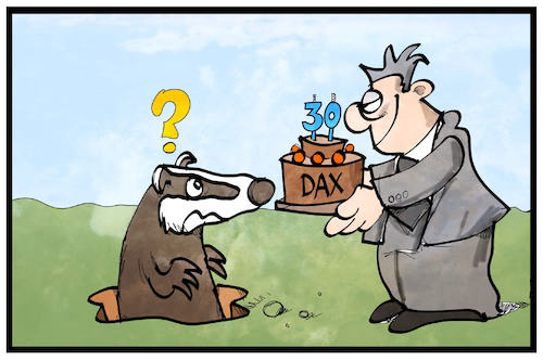 Cartoon: 30 Jahre DAX (medium) by Kostas Koufogiorgos tagged karikatur,koufogiorgos,illustration,cartoon,dax,börse,index,aktien,geburtstag,jubiläum,dachs,wirtschaft,maerkte,karikatur,koufogiorgos,illustration,cartoon,dax,börse,index,aktien,geburtstag,jubiläum,dachs,wirtschaft,maerkte