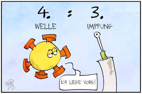 Cartoon: 4. Welle vs. 3. Impfung (medium) by Kostas Koufogiorgos tagged karikatur,koufogiorgos,illustration,cartoon,corona,virus,pandemie,impfung,spritze,duell,karikatur,koufogiorgos,illustration,cartoon,corona,virus,pandemie,impfung,spritze,duell