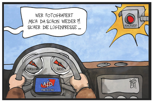 Cartoon: AfD-Parteitag (medium) by Kostas Koufogiorgos tagged karikatur,koufogiorgos,illustration,cartoon,afd,partei,parteitag,demokratie,hass,populismus,amaturenbrett,auto,blitzer,lügenpresse,karikatur,koufogiorgos,illustration,cartoon,afd,partei,parteitag,demokratie,hass,populismus,amaturenbrett,auto,blitzer,lügenpresse