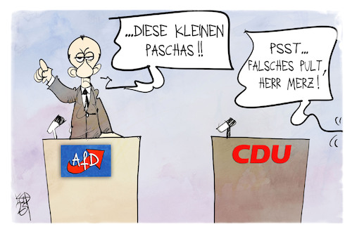 Cartoon: AfD und CDU (medium) by Kostas Koufogiorgos tagged karikatur,koufogiorgos,pascha,merz,cdu,afd,pult,karikatur,koufogiorgos,pascha,merz,cdu,afd,pult