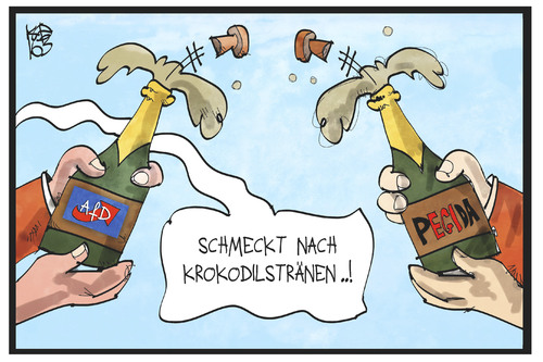 Cartoon: AfD und Pegida (medium) by Kostas Koufogiorgos tagged partei,politik,nutzniesser,populismus,krokodilstränen,feiern,champagner,sekt,afd,pegida,cartoon,illustration,koufogiorgos,karikatur,karikatur,koufogiorgos,illustration,cartoon,pegida,afd,sekt,champagner,feiern,krokodilstränen,populismus,nutzniesser,politik,partei