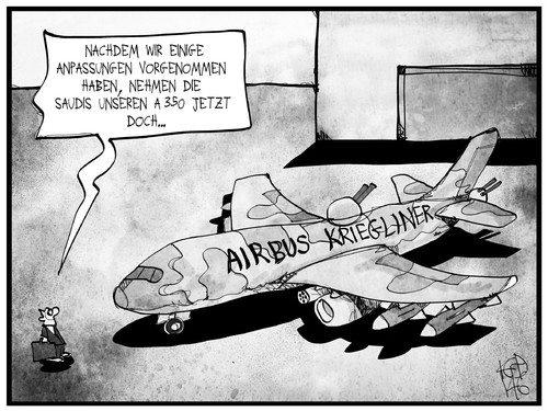 Cartoon: Airbus Kriegliner (medium) by Kostas Koufogiorgos tagged karikatur,koufogiorgos,illustration,cartoon,waffen,export,rüstung,airbus,flugzeug,saudi,arabien,emirate,wirtschaft,industrie,flugzeugbauer,karikatur,koufogiorgos,illustration,cartoon,waffen,export,rüstung,airbus,flugzeug,saudi,arabien,emirate,wirtschaft,industrie,flugzeugbauer