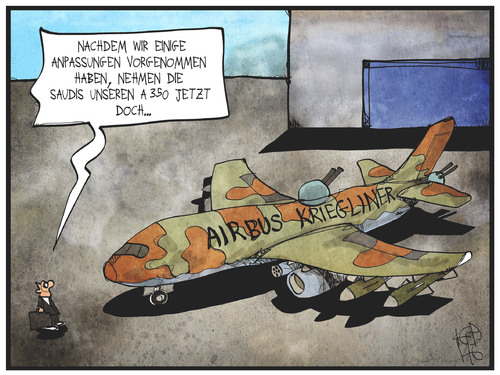 Cartoon: Airbus Kriegliner (medium) by Kostas Koufogiorgos tagged karikatur,koufogiorgos,illustration,cartoon,waffen,export,rüstung,airbus,flugzeug,saudi,arabien,emirate,wirtschaft,industrie,flugzeugbauer,karikatur,koufogiorgos,illustration,cartoon,waffen,export,rüstung,airbus,flugzeug,saudi,arabien,emirate,wirtschaft,industrie,flugzeugbauer