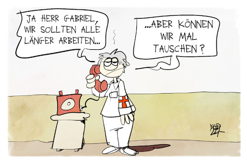 Cartoon: Arbeitszeiten (medium) by Kostas Koufogiorgos tagged karikatur,koufogiorgos,arbeitszeit,krankenschwester,gesundheitswesen,gabriel,arbeit,tausch,karikatur,koufogiorgos,arbeitszeit,krankenschwester,gesundheitswesen,gabriel,arbeit,tausch