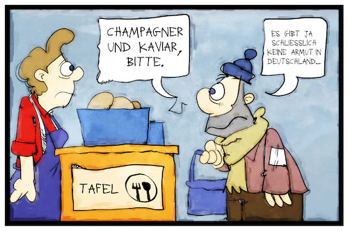 Cartoon: Armut in Deutschland (medium) by Kostas Koufogiorgos tagged karikatur,koufogiorgos,illustration,cartoon,tafel,armut,essen,essensausgabe,kunde,hartz,iv,champagner,kaviar,luxus,nahrungsmittel,hilfe,gesellschaft,karikatur,koufogiorgos,illustration,cartoon,tafel,armut,essen,essensausgabe,kunde,hartz,iv,champagner,kaviar,luxus,nahrungsmittel,hilfe,gesellschaft