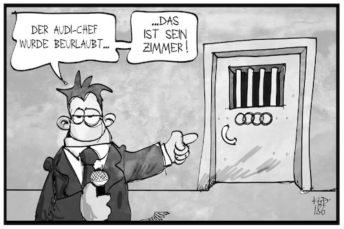 Cartoon: Audi-Chef in Haft (medium) by Kostas Koufogiorgos tagged karikatur,koufogiorgos,illustration,cartoon,audi,chef,manager,stadler,haft,untersuchungshaft,kette,logo,ringe,gefängnis,anketten,wirtschaft,dieselgate,abgasskandal,automobilindustrie,karikatur,koufogiorgos,illustration,cartoon,audi,chef,manager,stadler,haft,untersuchungshaft,kette,logo,ringe,gefängnis,anketten,wirtschaft,dieselgate,abgasskandal,automobilindustrie