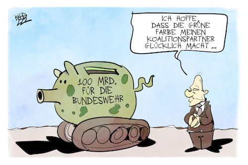 Cartoon: Aufrüstung (medium) by Kostas Koufogiorgos tagged karikatur,koufogiorgos,illustration,cartoon,aufrüstung,bundeswehr,sparschwein,geld,grün,haushalt,scholz,karikatur,koufogiorgos,illustration,cartoon,aufrüstung,bundeswehr,sparschwein,geld,grün,haushalt,scholz