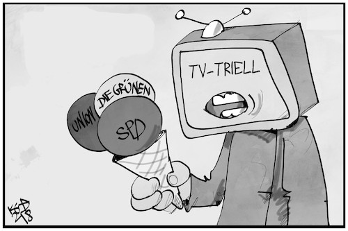 Cartoon: Auftakt zum TV-Triell (medium) by Kostas Koufogiorgos tagged karikatur,koufogiorgos,illustration,cartoon,tv,triell,grüne,cdu,spd,fernsehen,wahlkampf,karikatur,koufogiorgos,illustration,cartoon,tv,triell,grüne,cdu,spd,fernsehen,wahlkampf