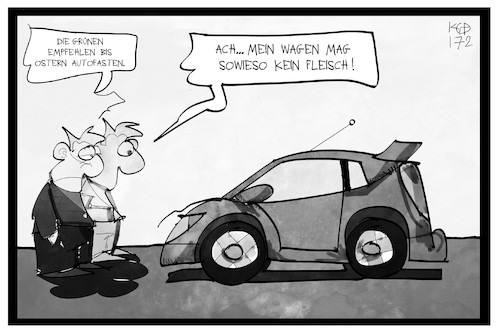 Cartoon: Autofasten (medium) by Kostas Koufogiorgos tagged karikatur,koufogiorgos,illustration,cartoon,autofasten,auto,wagen,gruene,ostern,fastenzeit,verzicht,fleisch,vegetarier,karikatur,koufogiorgos,illustration,cartoon,autofasten,auto,wagen,gruene,ostern,fastenzeit,verzicht,fleisch,vegetarier