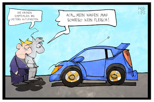 Cartoon: Autofasten (medium) by Kostas Koufogiorgos tagged karikatur,koufogiorgos,illustration,cartoon,autofasten,auto,wagen,gruene,ostern,fastenzeit,verzicht,fleisch,vegetarier,karikatur,koufogiorgos,illustration,cartoon,autofasten,auto,wagen,gruene,ostern,fastenzeit,verzicht,fleisch,vegetarier