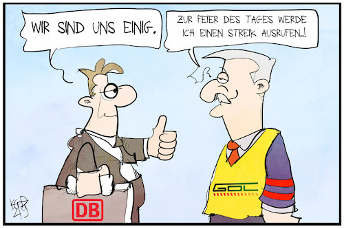 Cartoon: Bahn und GdL (medium) by Kostas Koufogiorgos tagged karikatur,koufogiorgos,illustration,cartoon,gdl,gewerkschaft,lokführer,bahn,bahnstreik,arbeitskampf,tarif,einigung,karikatur,koufogiorgos,illustration,cartoon,gdl,gewerkschaft,lokführer,bahn,bahnstreik,arbeitskampf,tarif,einigung