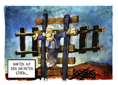 Cartoon: Bahnstreik (medium) by Kostas Koufogiorgos tagged karikatur,koufogiorgos,illustration,cartoon,streik,gdl,michel,kreuzigung,reisender,fahrgast,arbeitskampf,politik,karikatur,koufogiorgos,illustration,cartoon,streik,gdl,michel,kreuzigung,reisender,fahrgast,arbeitskampf,politik