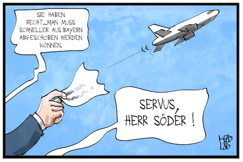 Cartoon: Bayerisches Asylrecht (medium) by Kostas Koufogiorgos tagged karikatur,koufogiorgos,illustration,cartoon,asyl,asylrecht,asylpolitik,söder,csu,ministerpräsident,servus,abschiebung,flugzeug,immigration,flüchtlinge,einwanderung,abschied,karikatur,koufogiorgos,illustration,cartoon,asyl,asylrecht,asylpolitik,söder,csu,ministerpräsident,servus,abschiebung,flugzeug,immigration,flüchtlinge,einwanderung,abschied