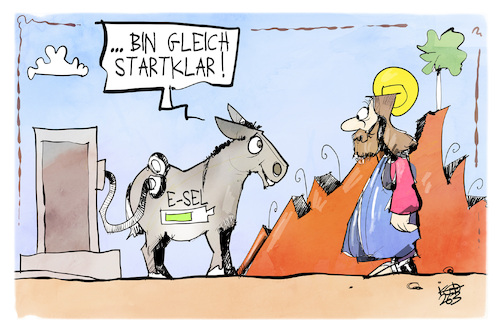 Cartoon: Beginn der Karwoche (medium) by Kostas Koufogiorgos tagged karikatur,koufogiorgos,esel,palmsonntag,christus,jesus,karwoche,elektromobilität,karikatur,koufogiorgos,esel,palmsonntag,christus,jesus,karwoche,elektromobilität