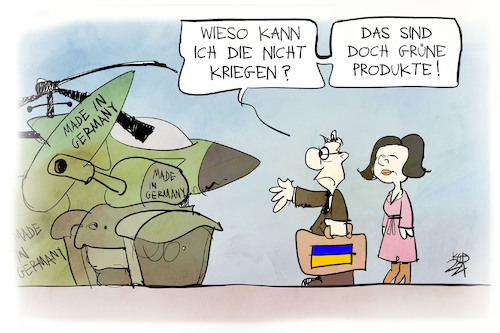 Cartoon: Besuch in Kiew (medium) by Kostas Koufogiorgos tagged karikatur,koufogiorgos,illustration,cartoon,ukraine,baerbock,waffen,grün,außenministerin,krieg,konflikt,karikatur,koufogiorgos,illustration,cartoon,ukraine,baerbock,waffen,grün,außenministerin,krieg,konflikt