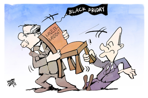 Cartoon: Black Friday (medium) by Kostas Koufogiorgos tagged koufogiorgos,karikatur,black,friday,kfrage,scholz,pistorius,koufogiorgos,karikatur,black,friday,kfrage,scholz,pistorius