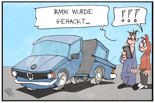 Cartoon: BMW gehackt (medium) by Kostas Koufogiorgos tagged karikatur,koufogiorgos,illustration,cartoon,bmw,hacker,angriff,cyber,spionage,krieg,automobil,digital,karikatur,koufogiorgos,illustration,cartoon,bmw,hacker,angriff,cyber,spionage,krieg,automobil,digital