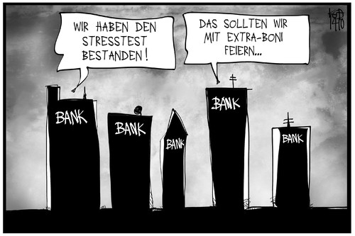 Cartoon: Boni für die Banken (medium) by Kostas Koufogiorgos tagged karikatur,koufogiorgos,illustration,cartoon,stresstest,bank,bonus,banker,skyline,wirtschaft,geld,karikatur,koufogiorgos,illustration,cartoon,stresstest,bank,bonus,banker,skyline,wirtschaft,geld