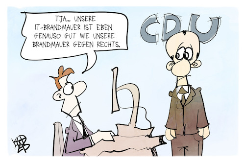 Cartoon: Brandmauer CDU (medium) by Kostas Koufogiorgos tagged karikatur,koufogiorgos,brandmauer,cdu,hackerangriff,rechts,cyber,attacke,karikatur,koufogiorgos,brandmauer,cdu,hackerangriff,rechts,cyber,attacke