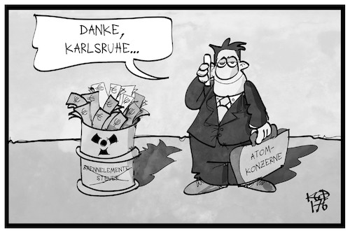 Cartoon: Brennelementesteuer (medium) by Kostas Koufogiorgos tagged karikatur,koufogiorgos,illustration,cartoon,verfassungsgericht,karlsruhe,atom,strom,energie,brennelemente,energiekonzern,geld,gewinn,profit,karikatur,koufogiorgos,illustration,cartoon,verfassungsgericht,karlsruhe,atom,strom,energie,brennelemente,energiekonzern,geld,gewinn,profit