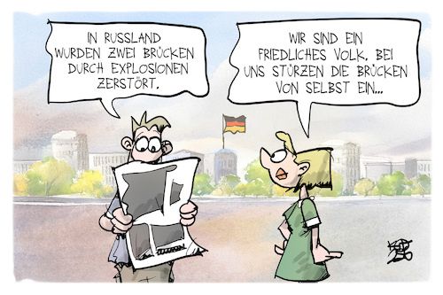 Cartoon: Brückeneinsturz in Russland (medium) by Kostas Koufogiorgos tagged karikatur,koufogiorgos,bruecke,einsturz,frieden,russland,nachrichten,zeitung,karikatur,koufogiorgos,bruecke,einsturz,frieden,russland,nachrichten,zeitung