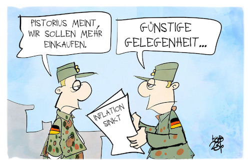 Cartoon: Bundeswehr und Inflation (medium) by Kostas Koufogiorgos tagged karikatur,koufogiorgos,bundeswehr,militär,soldat,inflation,kaufen,wirtschaft,inflation,bundeswehr