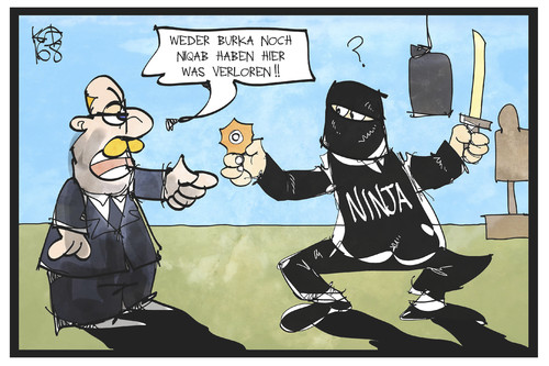 Cartoon: Burka-Verbot (medium) by Kostas Koufogiorgos tagged karikatur,koufogiorgos,illustration,cartoon,burka,niqab,verschleierung,ninja,kämpfer,anzug,islam,verbot,religion,toleranz,politik,karikatur,koufogiorgos,illustration,cartoon,burka,niqab,verschleierung,ninja,kämpfer,anzug,islam,verbot,religion,toleranz,politik