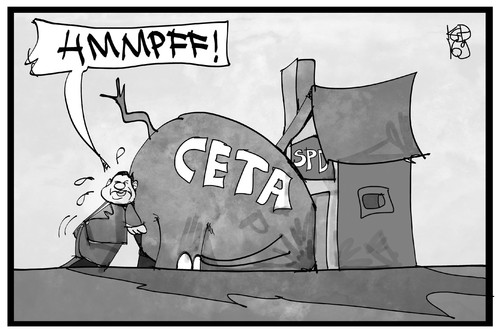 Cartoon: CETA und die SPD (medium) by Kostas Koufogiorgos tagged karikatur,koufogiorgos,illustration,cartoon,ceta,freinhandel,abkommen,kanada,spd,gabriel,partei,konvent,politik,wirtschaft,karikatur,koufogiorgos,illustration,cartoon,ceta,freinhandel,abkommen,kanada,spd,gabriel,partei,konvent,politik,wirtschaft