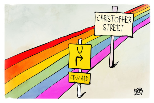 Cartoon: Christopher Street Day (medium) by Kostas Koufogiorgos tagged karikatur,koufogiorgos,afd,cdu,csd,christopher,street,regenbogen,fahne,umleitung,karikatur,koufogiorgos,afd,cdu,csd,christopher,street,regenbogen,fahne,umleitung