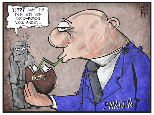 Cartoon: Coco-Bonds (medium) by Kostas Koufogiorgos tagged karikatur,koufogiorgos,illustration,cartoon,wirtschaft,coco,bonds,anleihe,banker,bank,bonus,michel,geld,profit,karikatur,koufogiorgos,illustration,cartoon,wirtschaft,coco,bonds,anleihe,banker,bank,bonus,michel,geld,profit