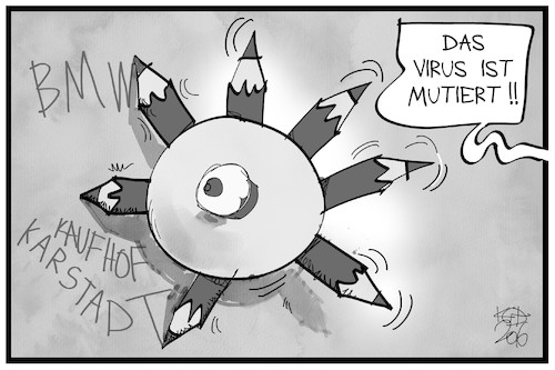 Cartoon: Corona streicht Arbeitsplätze (medium) by Kostas Koufogiorgos tagged karikatur,koufogiorgos,illustration,cartoon,corona,rotstift,virus,mutation,arbeitsplätze,kaufhof,karstadt,bmw,wirtschaft,arbeit,karikatur,koufogiorgos,illustration,cartoon,corona,rotstift,virus,mutation,arbeitsplätze,kaufhof,karstadt,bmw,wirtschaft,arbeit