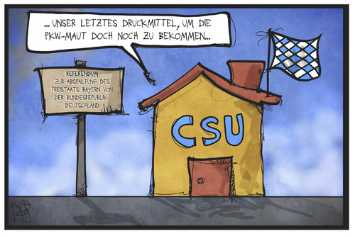 Cartoon: CSU und die Maut (medium) by Kostas Koufogiorgos tagged karikatur,koufogiorgos,illustration,cartoon,csu,partei,bayern,referendum,abspaltung,unabhängigkeit,maut,pkw,erpressung,druckmittel,haus,bundesrepublik,deutschland,politik,karikatur,koufogiorgos,illustration,cartoon,csu,partei,bayern,referendum,abspaltung,unabhängigkeit,maut,pkw,erpressung,druckmittel,haus,bundesrepublik,deutschland,politik