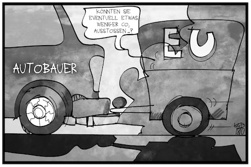 Cartoon: Deutsche CO2-Vorgaben (medium) by Kostas Koufogiorgos tagged karikatur,koufogiorgos,illustration,cartoon,co2,eu,umwelt,minister,autobauer,klima,luftverschmutzung,karikatur,koufogiorgos,illustration,cartoon,co2,eu,umwelt,minister,autobauer,klima,luftverschmutzung