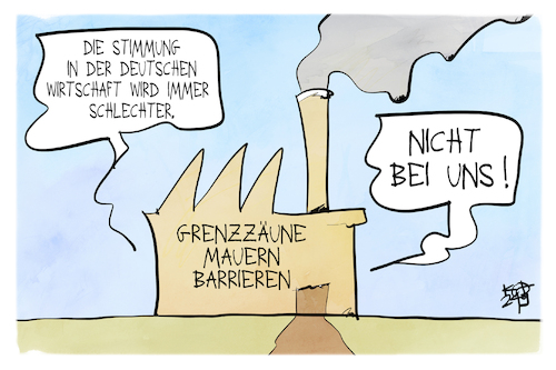 Cartoon: Deutsche Wirtschaft (medium) by Kostas Koufogiorgos tagged karikatur,koufogiorgos,wirtschaft,industrie,ifo,grenze,zaun,stimmung,karikatur,koufogiorgos,wirtschaft,industrie,ifo,grenze,zaun,stimmung