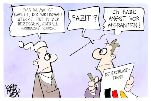 Cartoon: Deutschlandtrend (medium) by Kostas Koufogiorgos tagged karikatur,koufogiorgos,deutschland,trend,umfrage,migration,angst,klima,krieg,karikatur,koufogiorgos,deutschland,trend,umfrage,migration,angst,klima,krieg