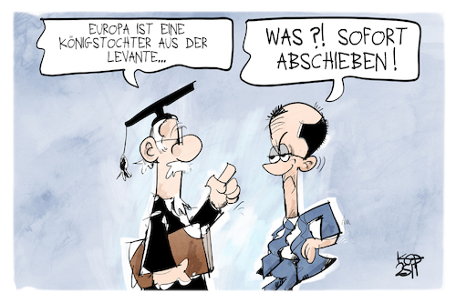 Cartoon: Die Abschiebung Europas (medium) by Kostas Koufogiorgos tagged karikatur,koufogiorgos,merz,europa,abschiebung,mythologie,syrien,prinzession,karikatur,koufogiorgos,merz,europa,abschiebung,mythologie,syrien,prinzession