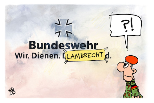 Cartoon: Die Bundeswehr. dient. Lambrecht (medium) by Kostas Koufogiorgos tagged karikatur,koufogiorgos,bundeswehr,lambrecht,dienen,armee,karikatur,koufogiorgos,bundeswehr,lambrecht,dienen,armee