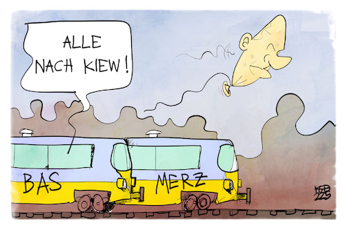 Cartoon: Die Reise nach Kiew (medium) by Kostas Koufogiorgos tagged karikatur,koufogiorgos,bas,merz,scholz,kiew,zug,schlafwagen,ukraine,ballon,reise,karikatur,koufogiorgos,bas,merz,scholz,kiew,zug,schlafwagen,ukraine,ballon,reise