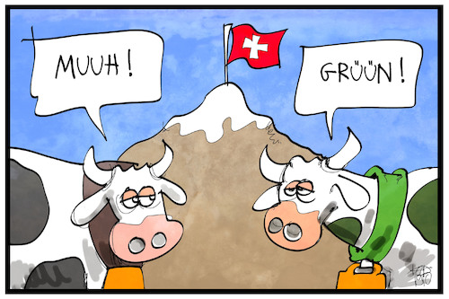 Cartoon: Die Schweiz wird grüner (medium) by Kostas Koufogiorgos tagged karikatur,koufogiorgos,illustration,cartoon,schweiz,grün,wahl,parlamentswahl,volkswahl,kuh,demokratie,wechsel,parlament,karikatur,koufogiorgos,illustration,cartoon,schweiz,grün,wahl,parlamentswahl,volkswahl,kuh,demokratie,wechsel,parlament