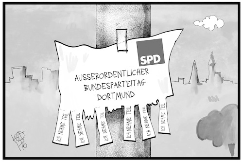 Cartoon: Die vergessene SPD (medium) by Kostas Koufogiorgos tagged karikatur,koufogiorgos,illustration,cartoon,spd,parteitag,dortmund,bundesparteitag,teilnahme,interesse,partei,sozialdemokratie,politik,karikatur,koufogiorgos,illustration,cartoon,spd,parteitag,dortmund,bundesparteitag,teilnahme,interesse,partei,sozialdemokratie,politik